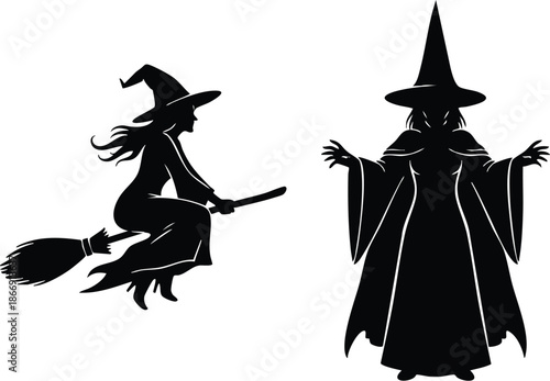 Black silhouette of a flying witch and a sorceress brewing potion with a cat
