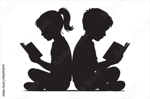 Silhouette of two children reading books back to back in a simple style
