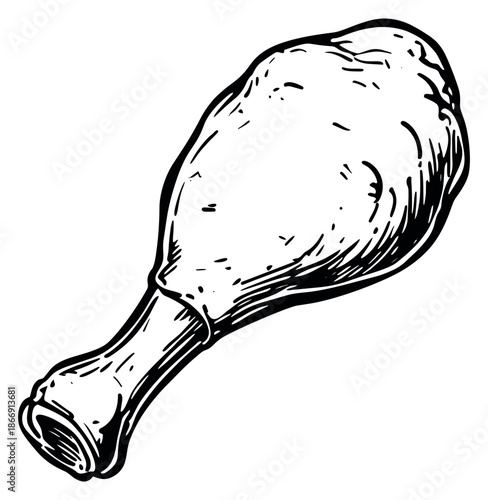 Hand drawn line art illustration of a chicken drumstick depicting a cooked meat portion for restaurant and fast food menus