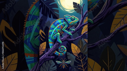 Chameleon illustration in moonlit jungle, decorative chameleon illustration with vibrant colors, vertical chameleon illustration for fantasy wildlife and nature art design