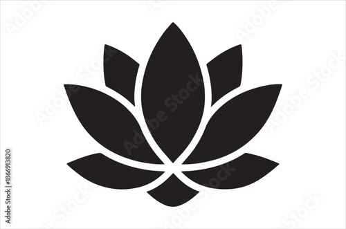 A simple black and white graphic depiction of a lotus flower in bloom