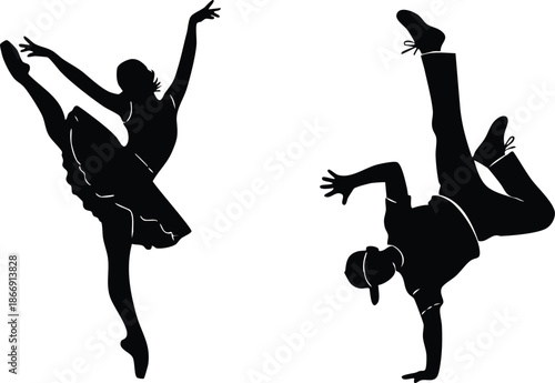 Black silhouettes of a graceful ballerina and a dynamic breakdancer in motion