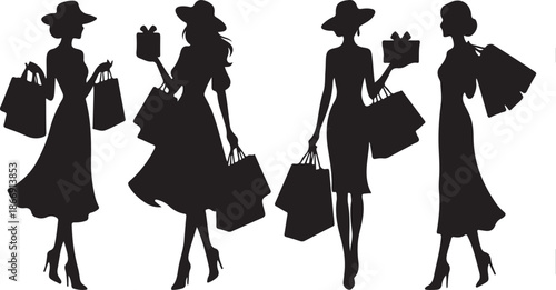 Silhouettes Of Fashionable Women Carrying Shopping Bags And Gift Boxes