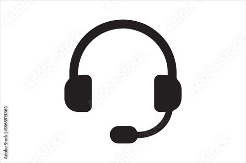 Simple black and white icon depicting a headset with a microphone
