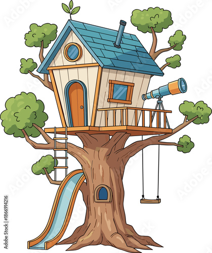 Cartoon treehouse illustration, kids playhouse in tree, backyard fun design, adventure slide, swing, telescope view, outdoor play, fantasy home