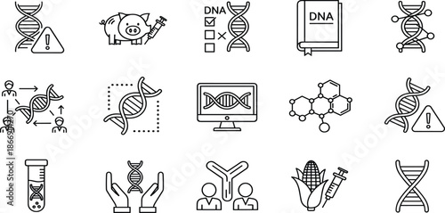 Genetic Engineering Line Icon Set Featuring DNA Helix Chromosomes Laboratory Research Biotechnology Agriculture GMO Science Symbols Microscope Syringe and Medical Testing