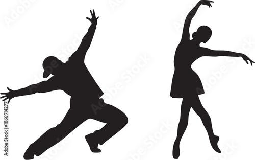 Dynamic black silhouette of ballet and hip-hop dancers on a white background