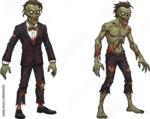 Cartoon tuxedo zombie and shirtless decayed zombie illustration, creepy undead artwork, scary horror design, spooky Halloween drawing, eerie monster concept