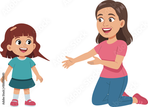 Cartoon woman and girl, happy family interaction, mother child relationship, smiling characters, parenting illustration, bonding, love, care, communication, lifestyle, education, nurturing