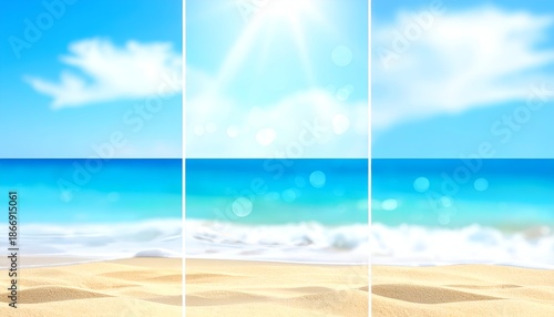 Beach scene divided by white lines, featuring sun, clouds, ocean, and sand