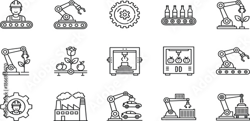 Industrial robotics icon set featuring automated manufacturing arms factory production line smart agriculture 3D printing warehouse logistics and engineering technology.