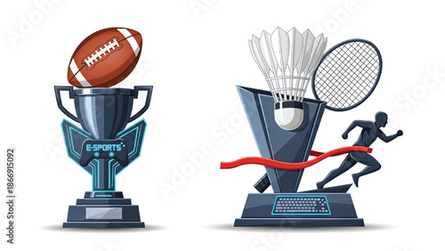 Trophies with Sports Equipment and Runner.
