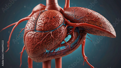 Detailed 3D Illustration of a Human Heart with Intricate Vascular Network and Arteries, Anatomical Cardiovascular System Concept for Medical Science and Cardiology Education.