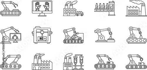 Industrial robotics icon set, automated manufacturing arms, factory production line, smart technology engineering, mechanical conveyor belts, robotic assembly, and warehouse automation.