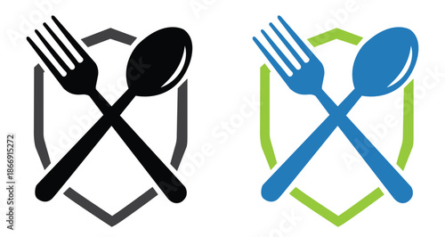 Restaurant food safety logo featuring crossed fork and spoon icons on a protective shield for hygiene certification catering services and culinary branding