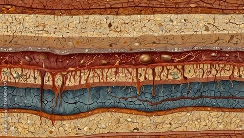 Geological Soil Horizon and Earth Layers Illustration Showing Underground Stratigraphy, Texture of Sediment Clay Sand and Root Structures for Environmental Science and Geology Education Concept.