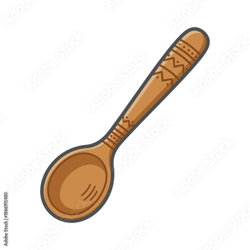 A simple wooden spoon with a decorative patterned handle, perfect for culinary illustrations and kitchen decor themes