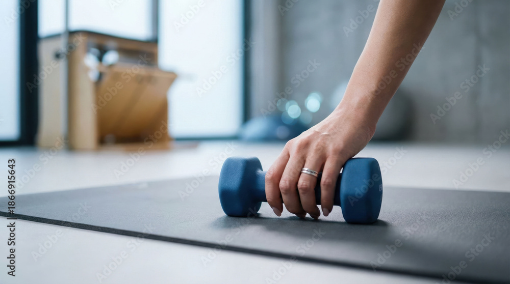 Fototapeta premium Shoulder injury rehabilitation: Woman's hand carefully picking up a light dumbbell from a yoga mat, focusing on gentle exercise and recovery in a home gym setting.