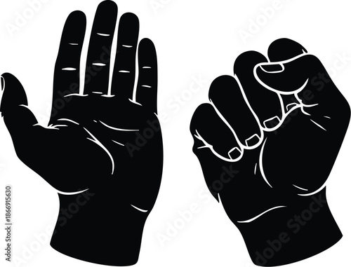 Black silhouette of an open palm and a closed fist gesture on white background