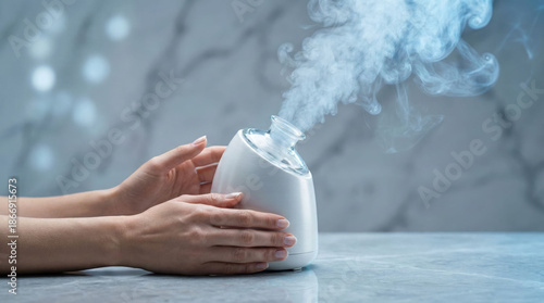 Cough Relief: Woman using a modern humidifier to alleviate respiratory symptoms and improve air quality, emitting soothing steam for better breathing and comfort.