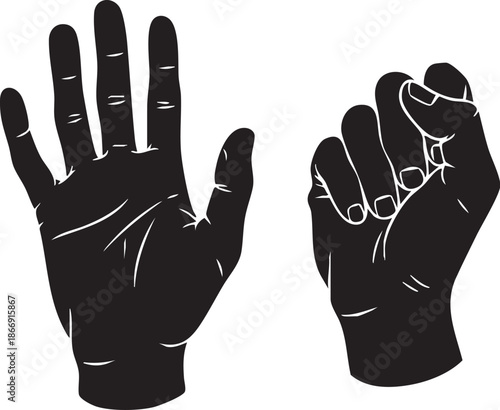 Black silhouette of an open palm and a closed fist gesture on white background
