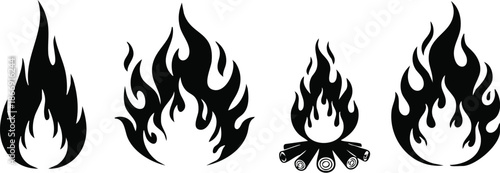 Set of black flame silhouettes and bonfire icons with wooden logs on white