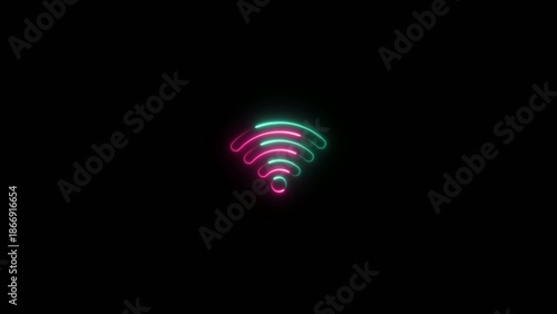 Neon wifi symbol with pink and teal curved arcs glowing brightly on a dark Generate title without using the word 