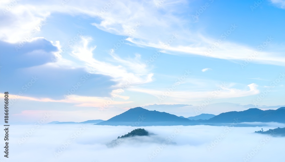 Obraz premium Mountains rising from mist under a bright, cloud-filled sky at dawn