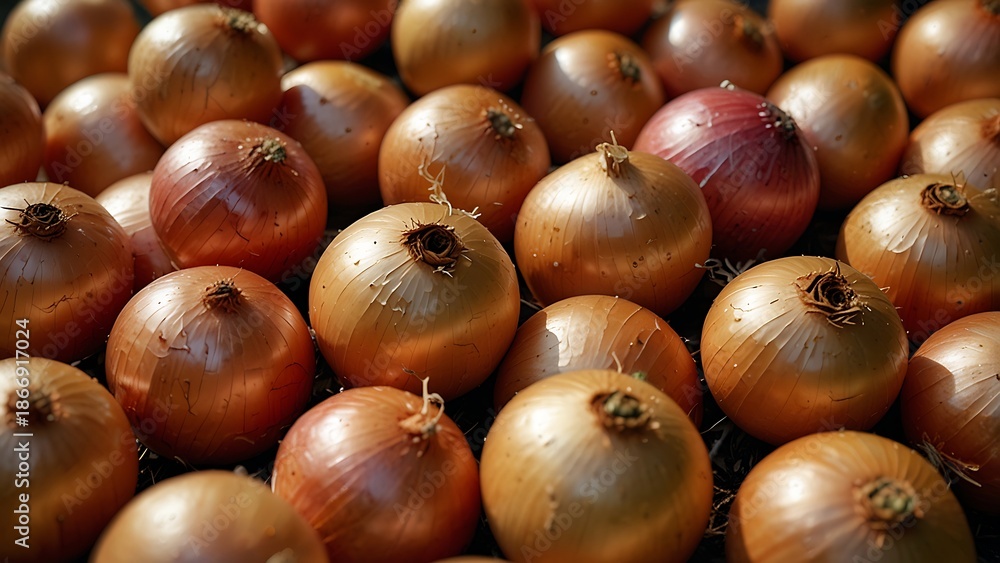 Obraz premium Fresh Harvested Yellow and Red Onions in Sunlight, Close Up Top View of Organic Bulb Vegetables with Golden Skins for Culinary Background, Healthy Food Ingredient and Agriculture Concept.