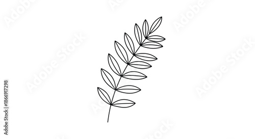 Minimalist black line drawing of a single branch with several small oval leaves arranged symmetrically on a white background.