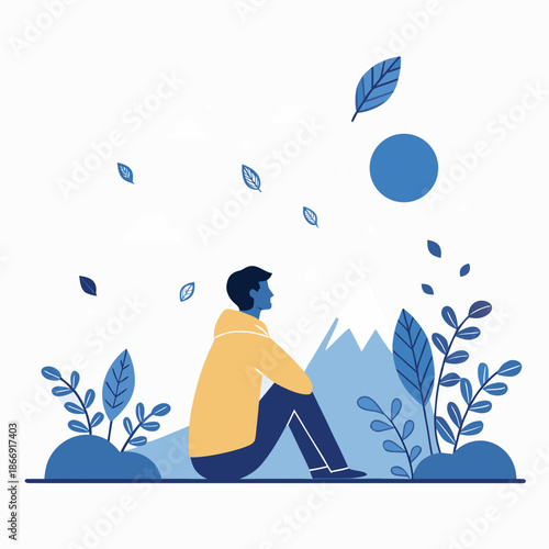 A person sitting alone surrounded by falling leaves and plants in a serene mountain landscape