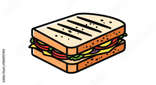 Delicious illustrated grilled sandwich or panini filled with cheese, tomatoes, and greens shown on a white background.