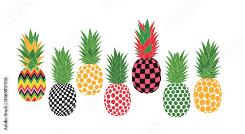 Set of vibrant pineapple fruits decorated with different colorful patterns like zigzags, dots, and checks on white.