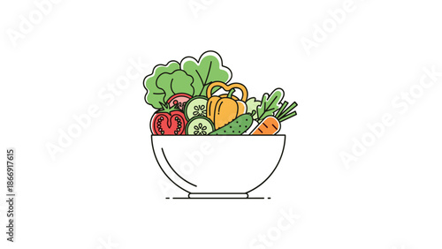 A vibrant bowl of fresh mixed vegetables and fruits, viewed from the front, sitting on a clean white background.