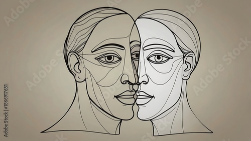 Minimalist Continuous Line Art Drawing of Two Faces, Modern Abstract Profiles with Overlapping Features, Conceptual Silhouette Illustration for Contemporary Design and Aesthetic Decor.