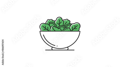 A bowl of fresh green leaves is illustrated on a plain white background from a straightforward viewpoint.