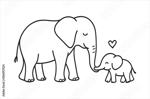 A heartwarming sketch of an elephant and its baby showing affection