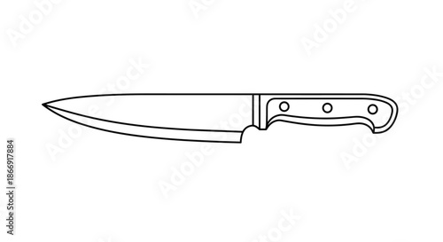 Simple black and white outline of a professional chef kitchen knife with a sharp blade and handle on a white background.
