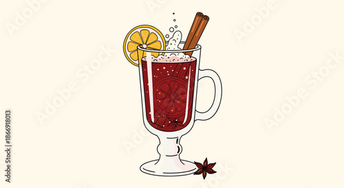 Glass mug filled with spiced mulled wine garnished with an orange slice, cinnamon sticks, and star anise on a light background.