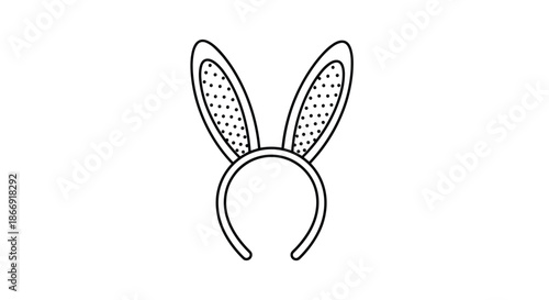 Simple black and white outline of a bunny ears headband with a polka dot pattern inside the ears for easter or costumes.