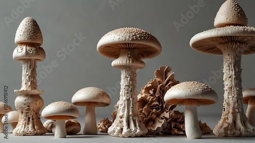 Collection of Intricate White Sculptural Mushrooms with Detailed Gills and Textures Arranged in a Creative Composition on a Neutral Background for Nature Inspired Art and Fungi Biology Concept.