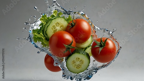 Vibrant Salad Splash with Red Tomatoes Cucumber Slices and Green Lettuce Leaves in Water Droplets, Fresh Healthy Food Concept Isolated on Neutral Background for Wellness and Nutrition.