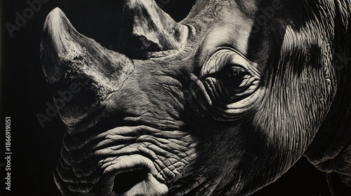 A close-up, dramatic image of a rhinoceros, the details of its textured skin and horn are prominent. The play of light and shadow adds intensity to the image