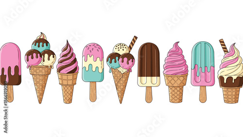 A delicious collection of various cartoon ice cream cones and popsicles with different flavors like chocolate, strawberry, and vanilla.