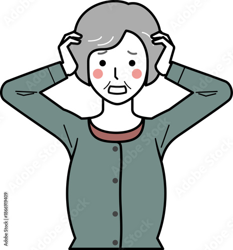 正面向き。頭を抱えるカーディガンを着た高齢女性。