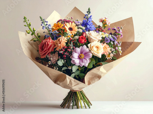 Realistic Photo of Elegant Flower Bouquet Wrapped in Aesthetic Paper