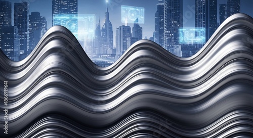 Futuristic city skyline with digital interfaces overlaid on skyscrapers partially obscured by glossy metallic waves