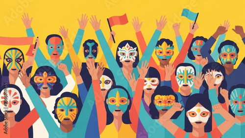 A vibrant illustration of a diverse crowd wearing colorful masks and waving their hands in celebration