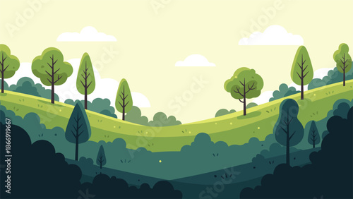 A beautiful flat design landscape of rolling green hills with trees and bushes under a light yellow sky with fluffy clouds.