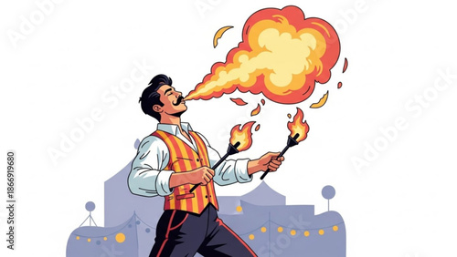 A cartoon man performing a fire breathing stunt with flames and a cityscape background
